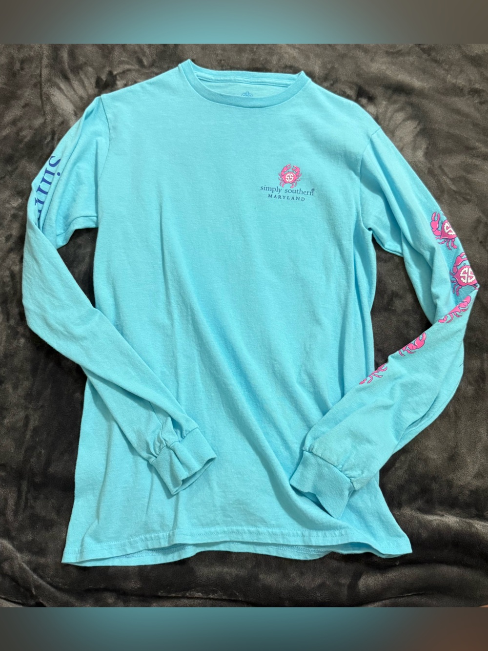 Simply Southern Aqua Long Sleeve Tee with Pink Sleeve Graphics